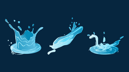 Dynamic liquid water splash with falling droplet, crashing sea wave and swirling eddies. For advertising web design or marketing visuals. Vector illustration.