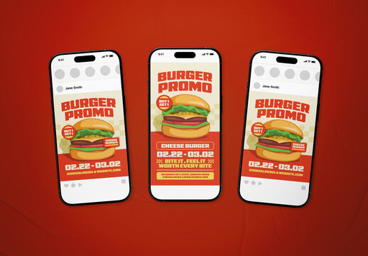 Red & Beige Illustrative Burger Promotion Social Media