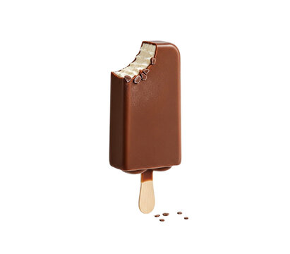 Bitten chocolate covered ice cream bar on stick isolated on white background