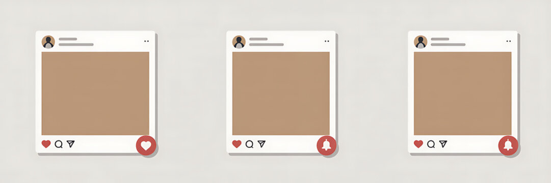 Social media post mockups with interactive elements. Three minimalist interface templates displaying engagement icons like heart and notification bell.