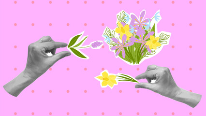 Mothers Day Collage Flowers Hearts Love Mom. For card poster social media graphic or web design in marketing campaigns. Vector illustration.