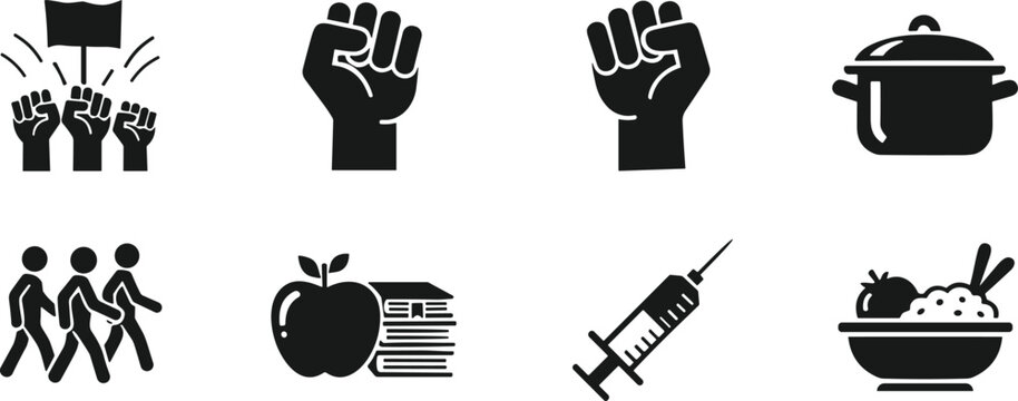 Social justice and health icons showing activism, protest, community, education, healthcare, nutrition, solidarity, resistance, public welfare concepts