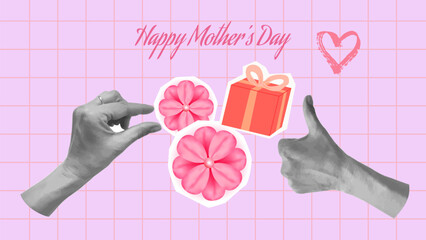 Mothers Day Collage Flowers Hearts Love Mom. For card poster social media graphic or web design in marketing campaigns. Vector illustration.
