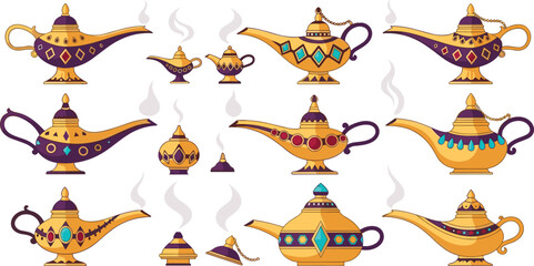 Arabic magic genie lamps collection with ornate golden Aladdin lanterns and smoke fantasy decorative vector illustration set. © MstSuborna