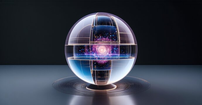 Glowing sphere rests upon surface. Internal layers reveal vibrant cosmic energy, purple hues dominate central core. Futuristic design.
