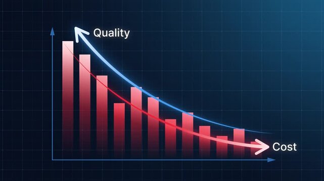 Cost reduction and quality improvement concept. Red bar chart with line arrow falling cost and quality increase. Successful business strategy, efficiency, product optimization and management 