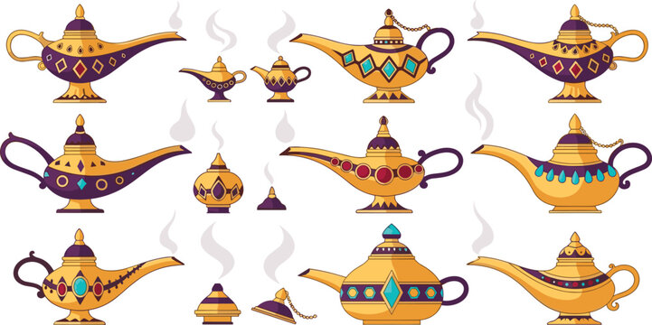 Arabic magic genie lamps collection with ornate golden Aladdin lanterns and smoke fantasy decorative vector illustration set.