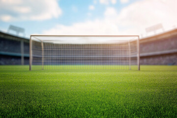 Fototapeta premium Soccer field with a goal in a stadium. Suitable for sports website banners, soccer event promotions, and team social media posts.