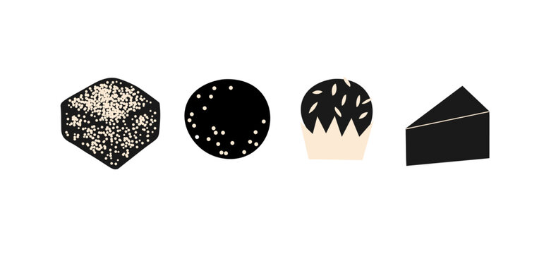 Chocolate dessert. Minimalist set of vector icons. Candy with sprinkles, truffle, cupcake in paper mold, slice of cake. Design for cafe menu, pastry shop, blog, card. Hand drawn food illustration