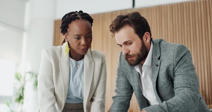 Team, meeting and people with laptop, office or financial analysis for investment opportunity on web. Business, collaboration and colleagues with tech for risk management, wealth manager and talking