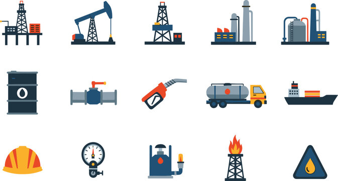 Oil and gas industry flat icons with refinery pump jack tanker barrel fuel nozzle offshore platform and safety equipment vector set.