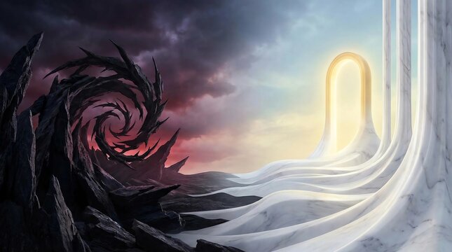 Epic split vista: Jagged, dark, hellish spires with a swirling vortex on the left contrast with smooth, luminous, marble-like structures leading to a bright portal on the right.
