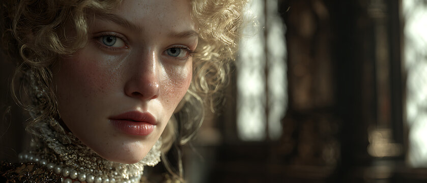 Medieval Blonde Aristocratic Woman Portrait With Pearls and Victorian Window Background