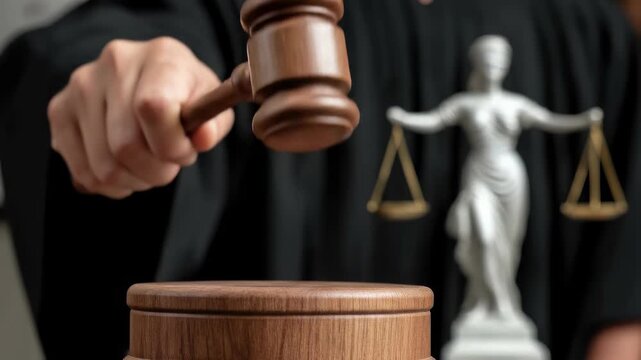 A judge's hand holding a wooden gavel, symbolizing authority, law, justice, and fair judgment within the legal system, with Lady Justice in the background