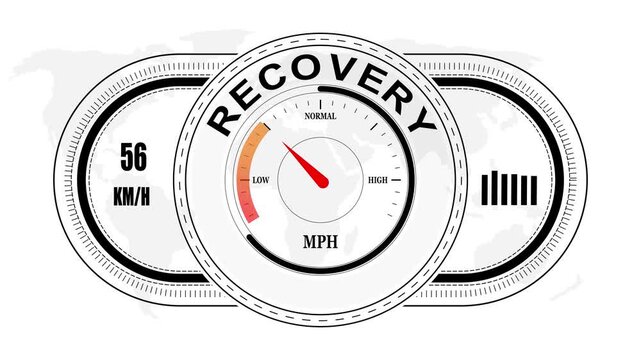 Universal level meter indicator with RECOVERY text Animation.Gauge scale meter status performance 4K motion background.System status risk health emotion performance gauge icon.