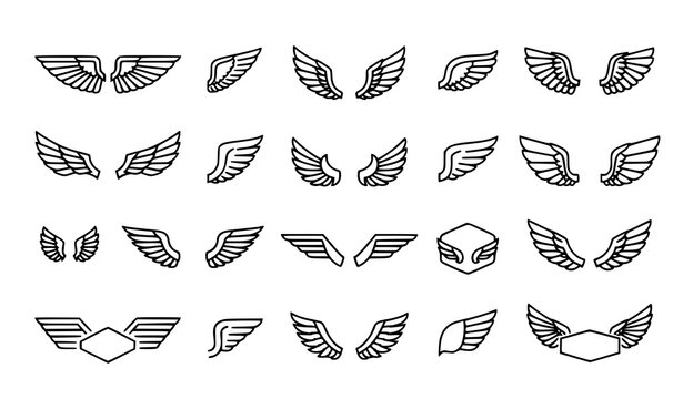 Black wings icon set angel bird and badge wings minimalist outline vector illustration