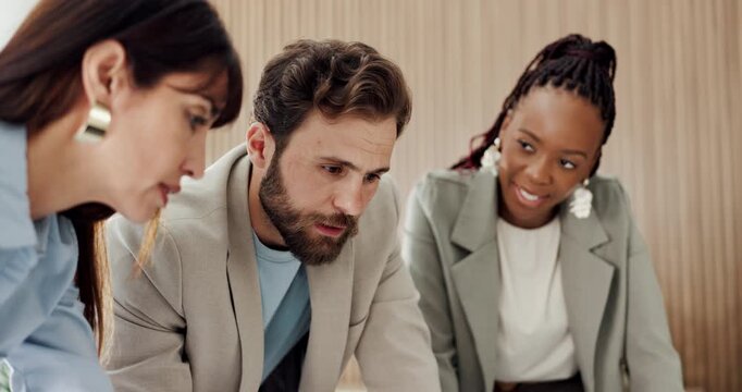 Reading, business people or discussion for meeting in office, finance planning or funding problem solving. Speaking, capital solution or group with investment project idea, teamwork or brainstorming