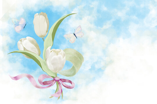A mock-up of a greeting card, an invitation. Bouquet with white tulips and pink satin ribbon, light butterflies on a background of blue sky with clouds.