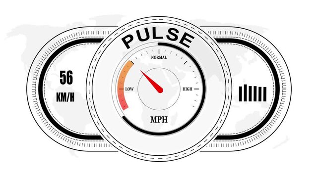 Universal level meter indicator with PULSE text Animation.Gauge scale meter status performance 4K motion background.System status risk health emotion performance gauge icon.