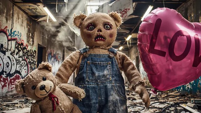 Creepy teddy bear holding a heart shaped balloon in a grungy abandoned building.