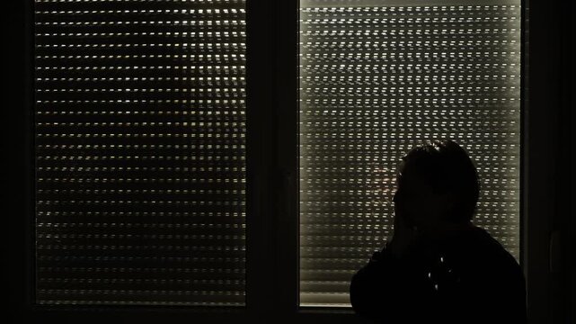 Silhouette of a woman in a dim room touching her forehead near closed blinds, dramatic patterned light symbolizing emotional tension, solitude and deep personal reflection. 4K.