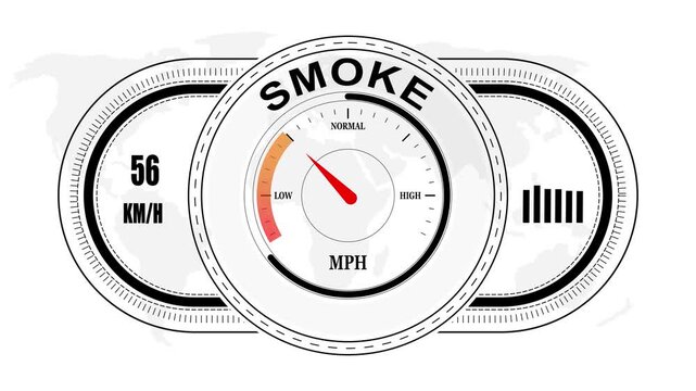 Universal level meter indicator with SMOKE text Animation.Gauge scale meter status performance 4K motion background.System status risk health emotion performance gauge icon.