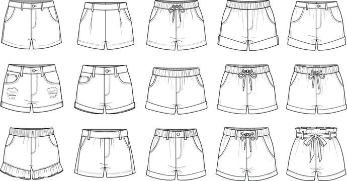 Collection of Women Summer Shorts Fashion Technical Sketch Templates Featuring Denim High Waisted Cargo and Casual Ruffle Hem Vector Illustration