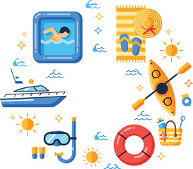 Obraz premium Water sport and summer beach activities icons with swimming pool kayak yacht snorkel lifebuoy and towel vector illustration set.