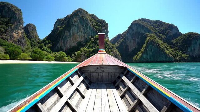 Scenic boat ride through turquoise waters with lush green mountains and clear blue skies