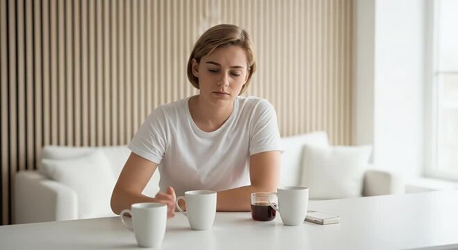 Tired young woman yawns while sitting at a table with coffee cups feeling exhausted with soft natural light and neutral color tones