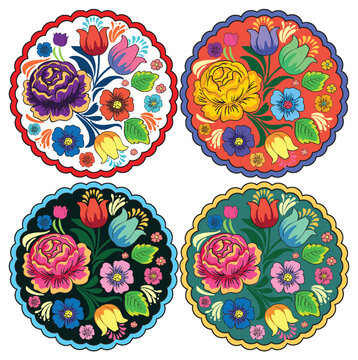 Colorful Floral Folk Art Round Vector Set