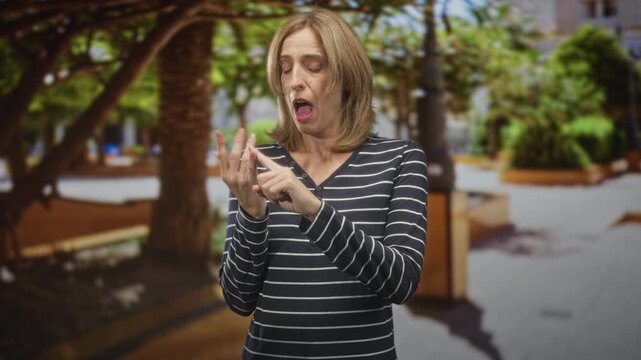 Woman inspects a fingernail on her hand in a busy street plaza, using the other hand to point and closely examine a possible hangnail or small injury; disgust concern.