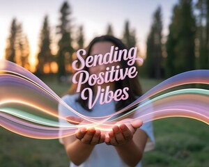 Woman sending positive vibes with glowing colorful waves in nature