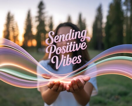 Woman sending positive vibes with glowing colorful waves in nature