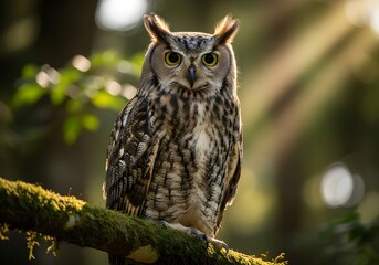 Fototapeta premium Close-up Portrait of a Great Horned Owl Perching in the Forest with Soft Bokeh Background.