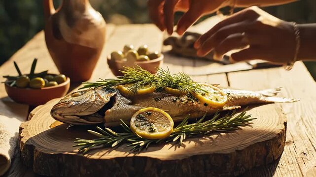 Close up of hands garnishing a freshly grilled whole fish with rosemary and lemon on a rustic outdoor table, for a healthy Mediterranean food concept and summer dining