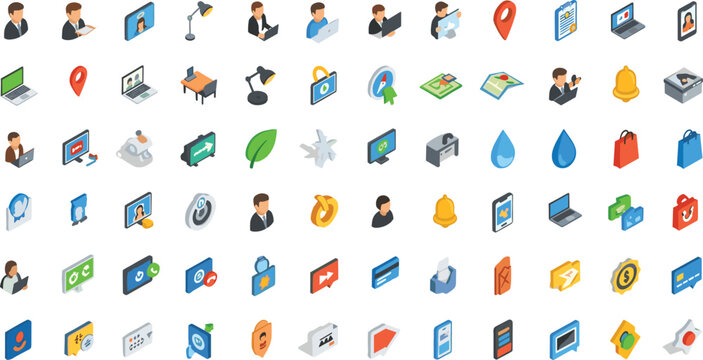 Business workflow and office management isometric icons set with analytics finance communication technology and user activity vector collection.