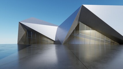 Obraz premium Abstract architecture background, Titanium Building, Glass or metallic Building is on empty concrete floor, Scene for car presentation, Modern Exterior, 3D rendering