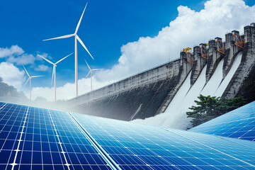 Electricity from solar panels, dams hydropower station, and wind turbines. Energy security and Environmentally-friendly renewable energy concept.  © noppadon