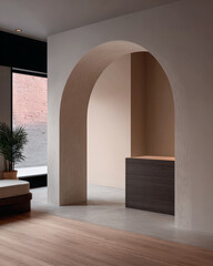 Elegant interior design featuring a modern archway and minimalistic furniture in a spacious room