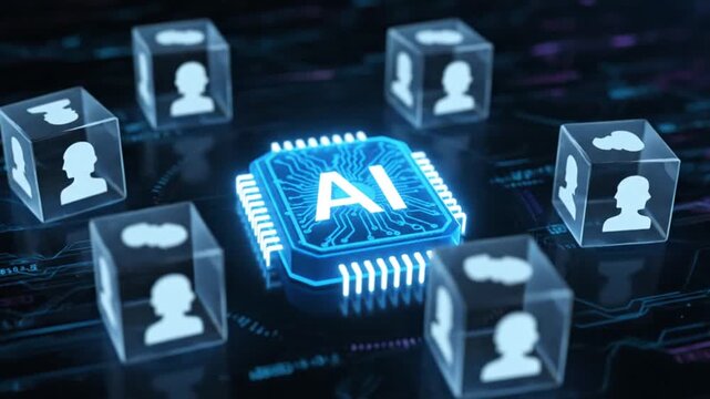  processing unit surrounded by user interface icons on a digital circuit board in a futuristic technology environment, viewed from directly above, showcasing a 3D rendering of 