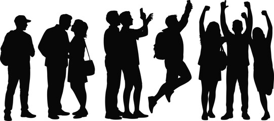 Group of people silhouette vector illustration, diverse friends talking celebrating taking photos social interaction black icons set