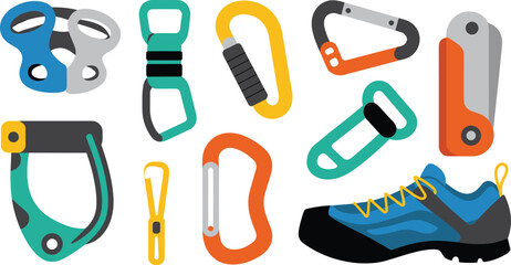 Fototapeta premium Rock climbing carabiner equipment vector set, mountaineering safety gear collection with hooks clips and hiking shoe illustration