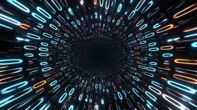 Dense binary stream flying camera sci fi tunnel glowing dark seamless futuristic surreal ambience cascading softly glowing abstract unique style ultra realistic loop