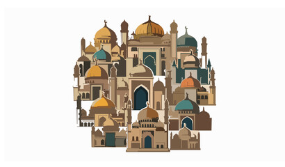 Ornamental Islamic mosque architecture vector with detailed domes and minarets for travel cards © Sabbir
