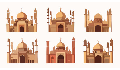 Islamic mosque architecture vector set with domes and minarets in warm colors for travel design © Sabbir