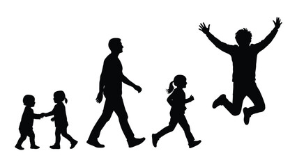 Obraz premium A family of four depicted in silhouette, showcasing growth and joy through different stages of life. isolated on white background, Vector