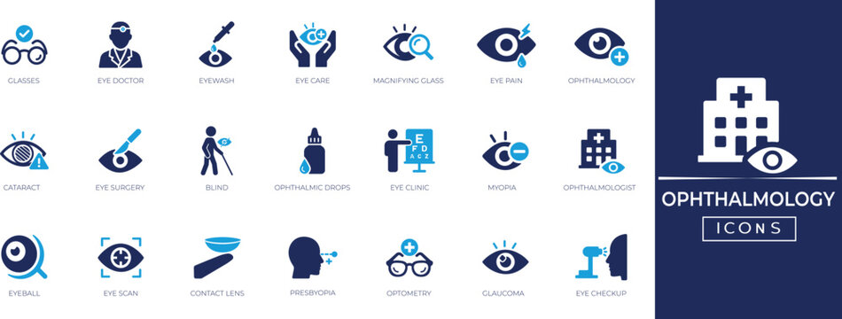 Ophthalmology web solid icon set. Medical eye care, surgery, vision, test, optometry, vision correction, and more.Solid vector icon collecion.