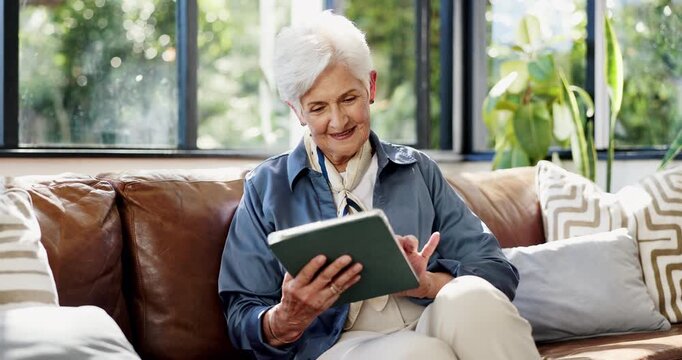 Search, scrolling and tablet with old woman on sofa in home for connection or social media browsing. App, relax and smile with happy senior person in living room of apartment for break or retirement