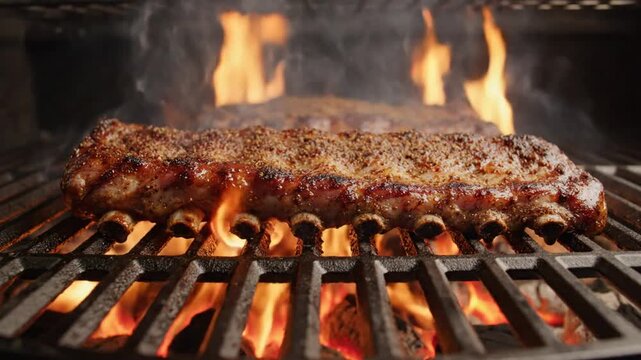 Close up of delicious rack of ribs cooking on a hot outdoor grill with flames licking the meat